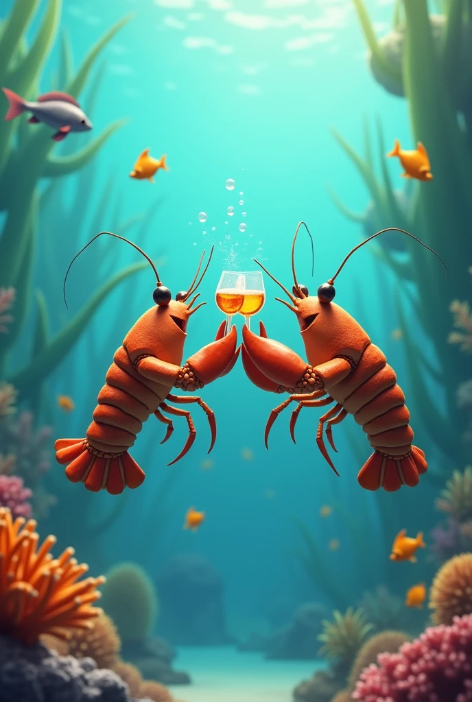 A male lobster and a female lobster swimming while having an aperitif, animated version