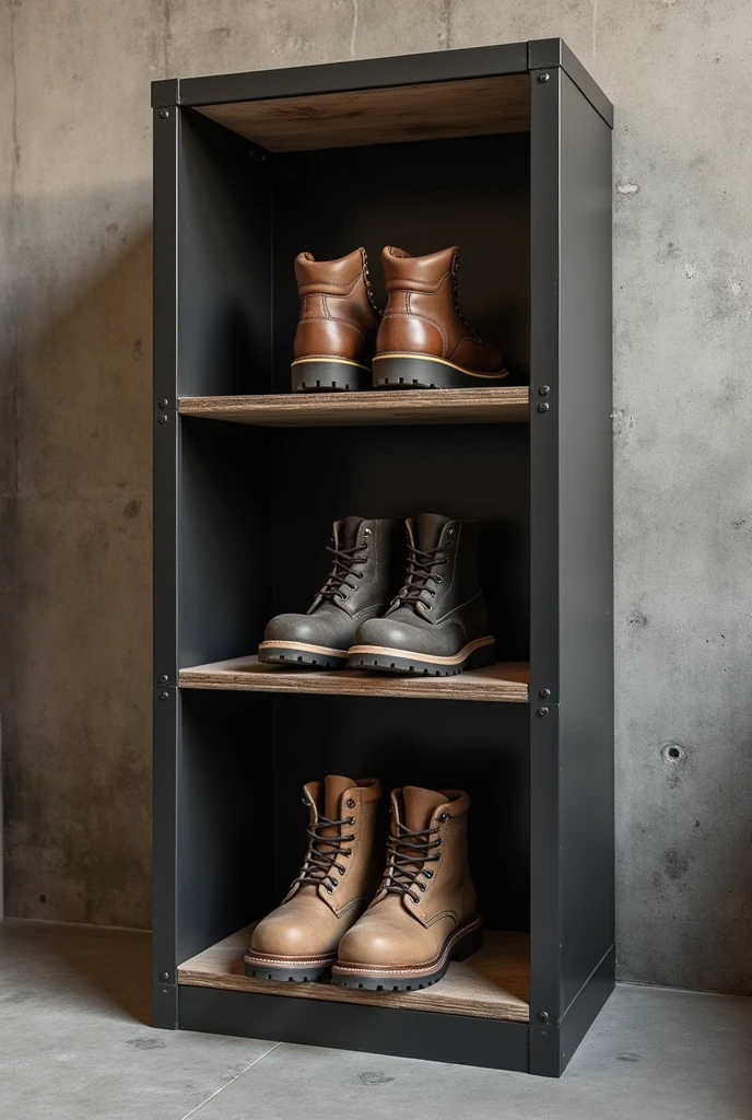Melamine shelf with square shelves so that a pair of men&#39;s industrial boots could fit inside, The shelf is 2 meters high and 1.30 meters wide