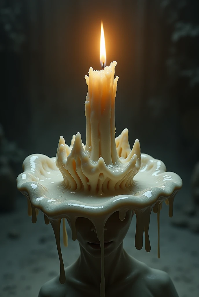 Make a wax hat that starts with a bone candle that is on top of the hat and that the candle is lit and the color of it is white and that it is melting outrageously but that it retains to a certain extent the shape of the hat.