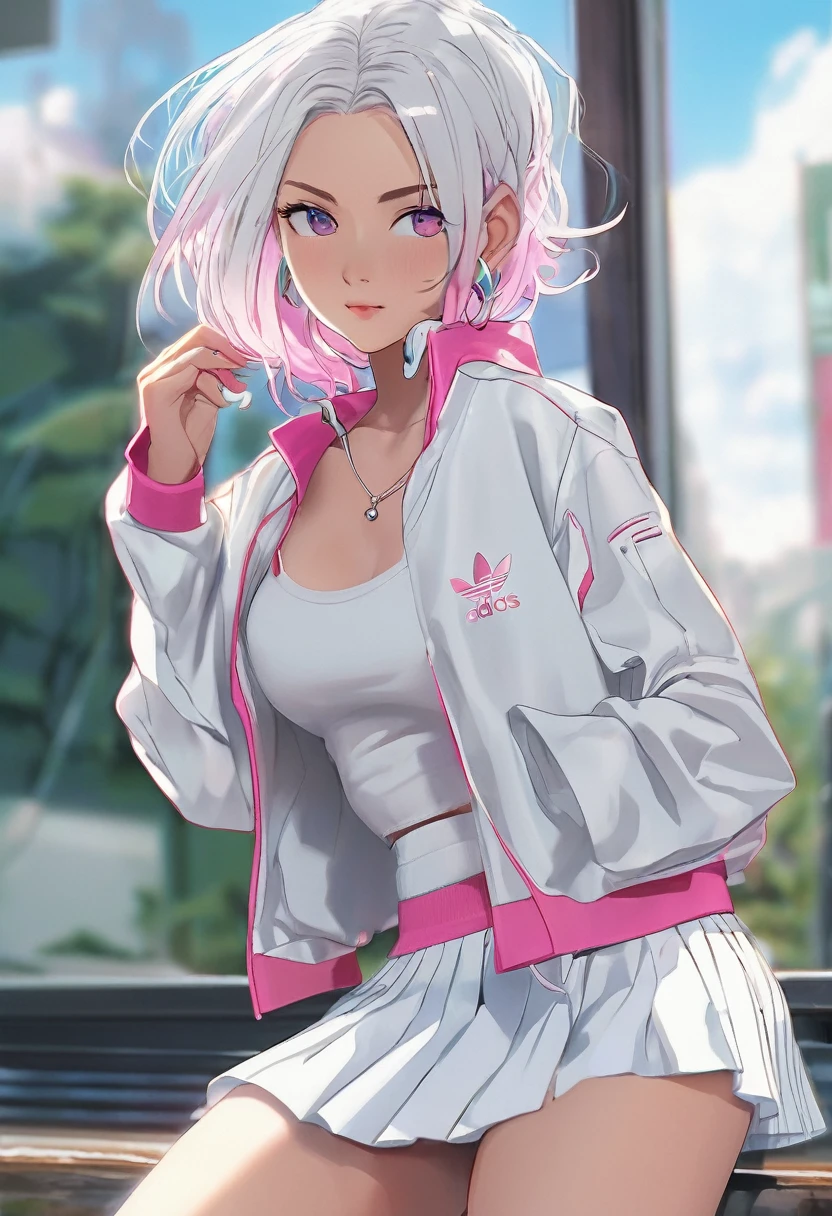 fully body. 1 young woman. german. clear eyes. Shoulder length white hair. medium breasts. Tem piercing no umbigo. wears white tennis skirt and open jacket without bra. Wears white and pink Adidas NMD sneakers with gaiters. She is sitting with her legs open and inserting a real penis into her super hairy vagina..