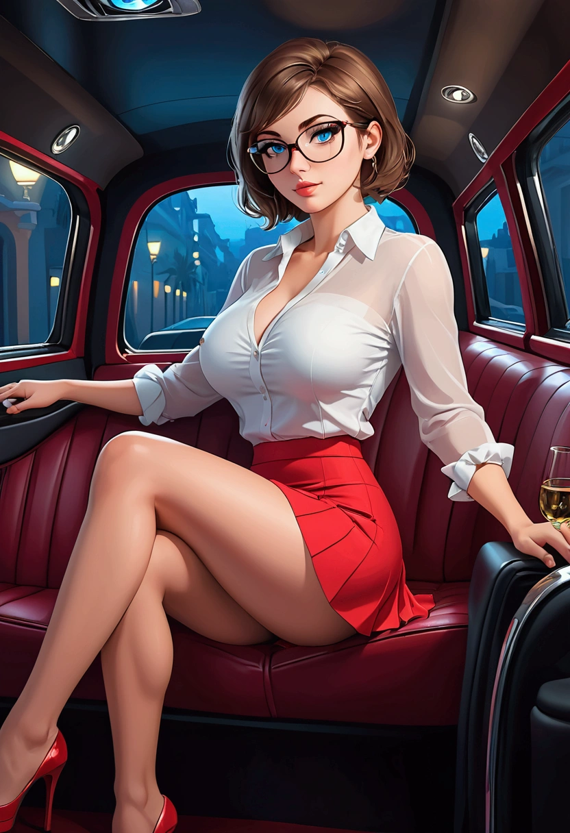20 years old woman, Short brown hair, Mediterranean with blue eyes, Generous and heavy , slender waist, definition of l'estomac, fesses ies et pulpeuses, naturally curved, muscular thighs, aguicheuse , blue eye, lunettes, sitting in a limo , red mini Skirt, white sheer blouse, at night, heels, collants