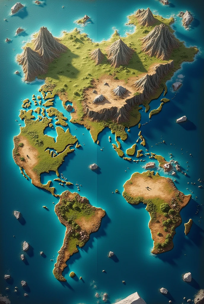 Create a map of a world with 50% of land and 50% water, being that there are only three continents in them and two oceans, the Caribou and the Abyssinth Ocean.