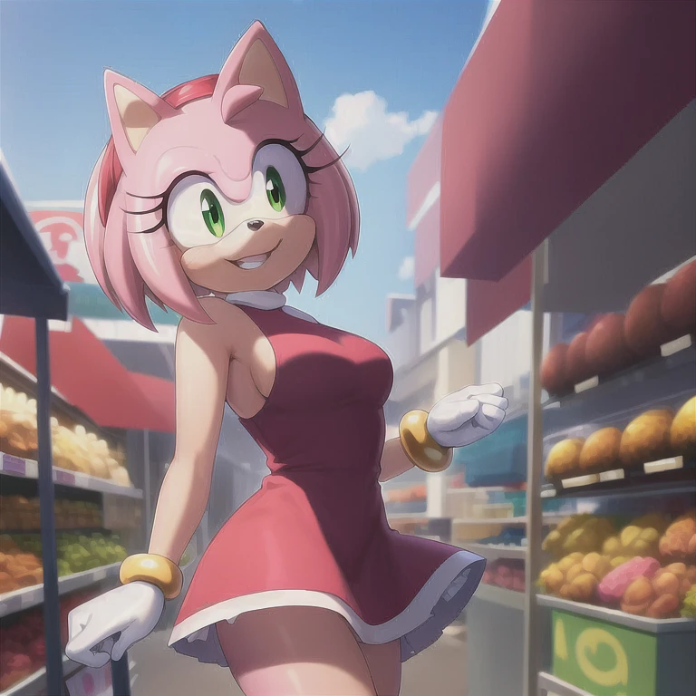 (masterpiece, Best Quality:1.1), (Amy Rose:1.1), 1 girl, Alone, dress, pink skin, looking at the viewer, smile, detailed eyes, outdoor, Market, shopping