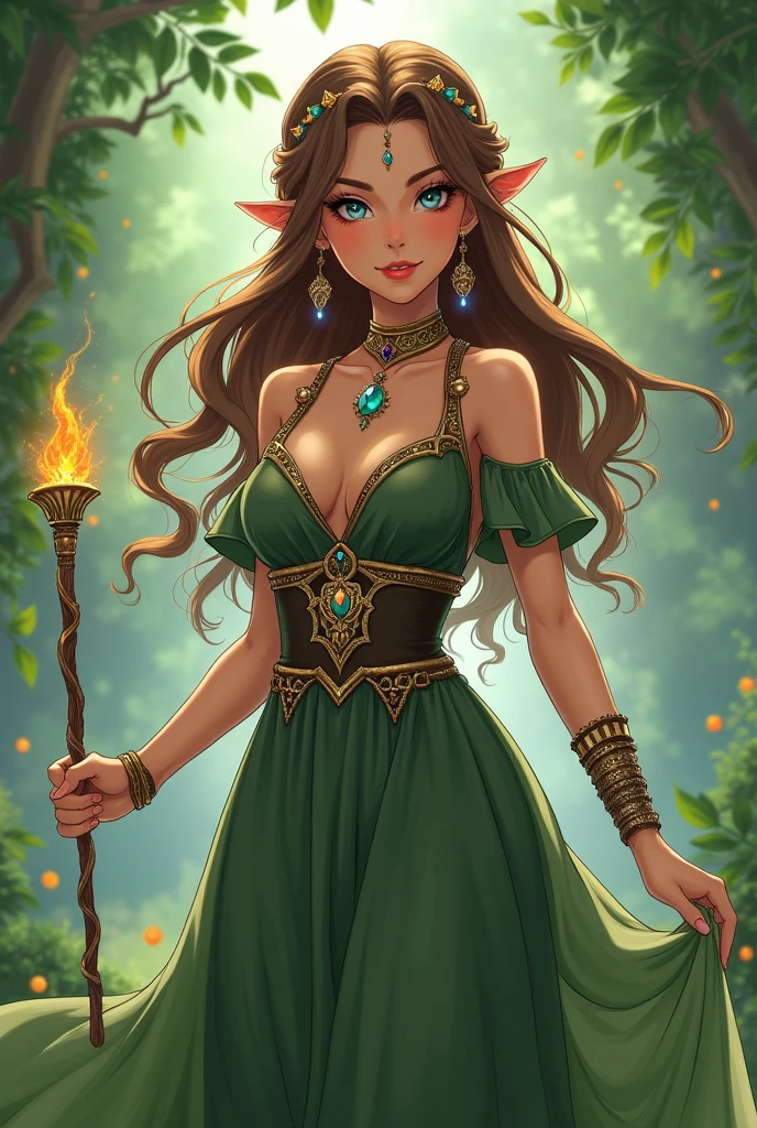 anime style, a half-elf, long brown hair, blue eyes, tan skin, wearing green and brown midi dress, handling a wand