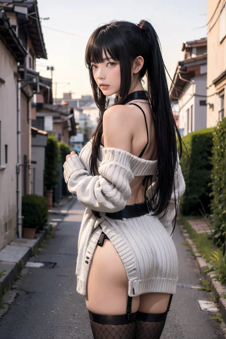 (((nsfw0.8))),Looking into the camera,(((Highest quality, 8k, masterpiece))), ponytail,Sharp focus, (Beautiful woman with perfect figure), thin, (Hairstyle: wonderful)), ((Back alley at night)), street: 1.2 Highly detailed face and skin texture Detailed eyes double eyelid random pose, (smile), Realistic Face, double eyelid,smile, Cyberpunk City , At sunset , Beautiful Teeth , Thigh straps, Wear a leather jacket、Off-the-shoulder sweater、Grey vertical rib sweater dress、Fishnet tights、garter belt、Night view、Full Body Shot, Centered,