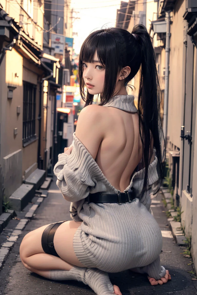 (((nsfw0.8))),Looking into the camera,(((Highest quality, 8k, masterpiece))), ponytail,Sharp focus, (Beautiful woman with perfect figure), thin, (Hairstyle: wonderful)), ((Back alley at night)), street: 1.2 Highly detailed face and skin texture Detailed eyes double eyelid random pose, (smile), Realistic Face, double eyelid,smile, Cyberpunk City , At sunset , Beautiful Teeth , Thigh straps, Wear a leather jacket、Off-the-shoulder sweater、Grey vertical rib sweater dress、Fishnet tights、garter belt、Night view、Full Body Shot, Centered,