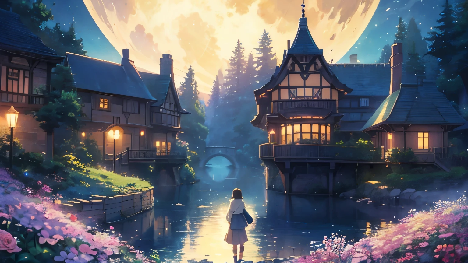 haze, Thomas Kinkade, Aaron Wiesenfeld、Beksinki、Adrian Eversen、Gedimins Plankevicius、Escher, Intricately refined textures, Matte painting details, Deep Color, wonderful, Intricate detailysterious Magic School、Anime scenery コンセプトアート, With a rose motif, Studio Ghibli Anime Style, Studio Ghibli art style, Studio Ghibli Program, Anime scenery, Studio Ghibli art style, Landscape painting, Beautiful Anime scenery, Blooming flowers々、Ultra-fantastical、Night Sky、Beautiful Full Moon、Starlight、Ghibli art style, Makoto Shinkai style, Makoto Shinkai anime, Makoto Shinkai&#39;s art style
