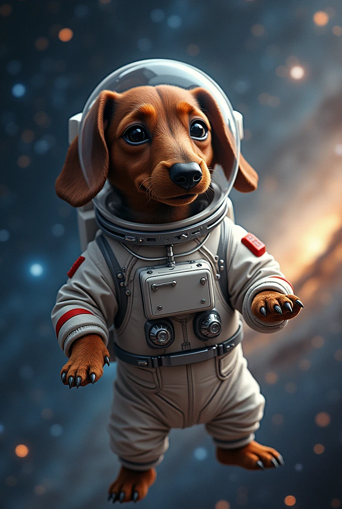 Make a chocolate-colored dachshund dog in an astronaut outfit with a universe in the background