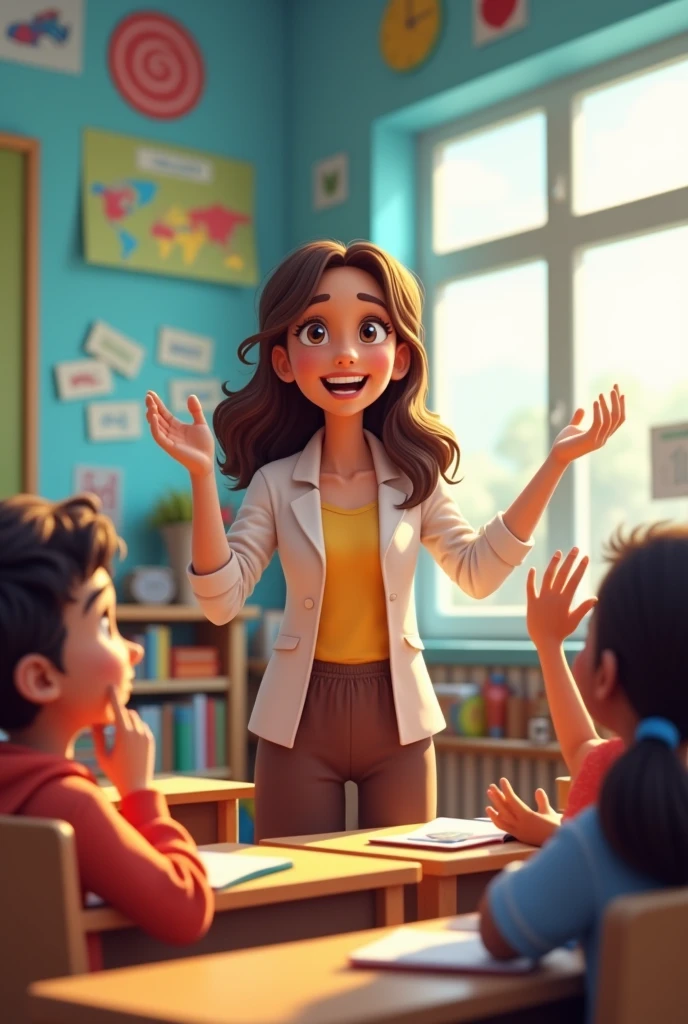 A teacher teaching in an interactive way with all his students wanting to participate