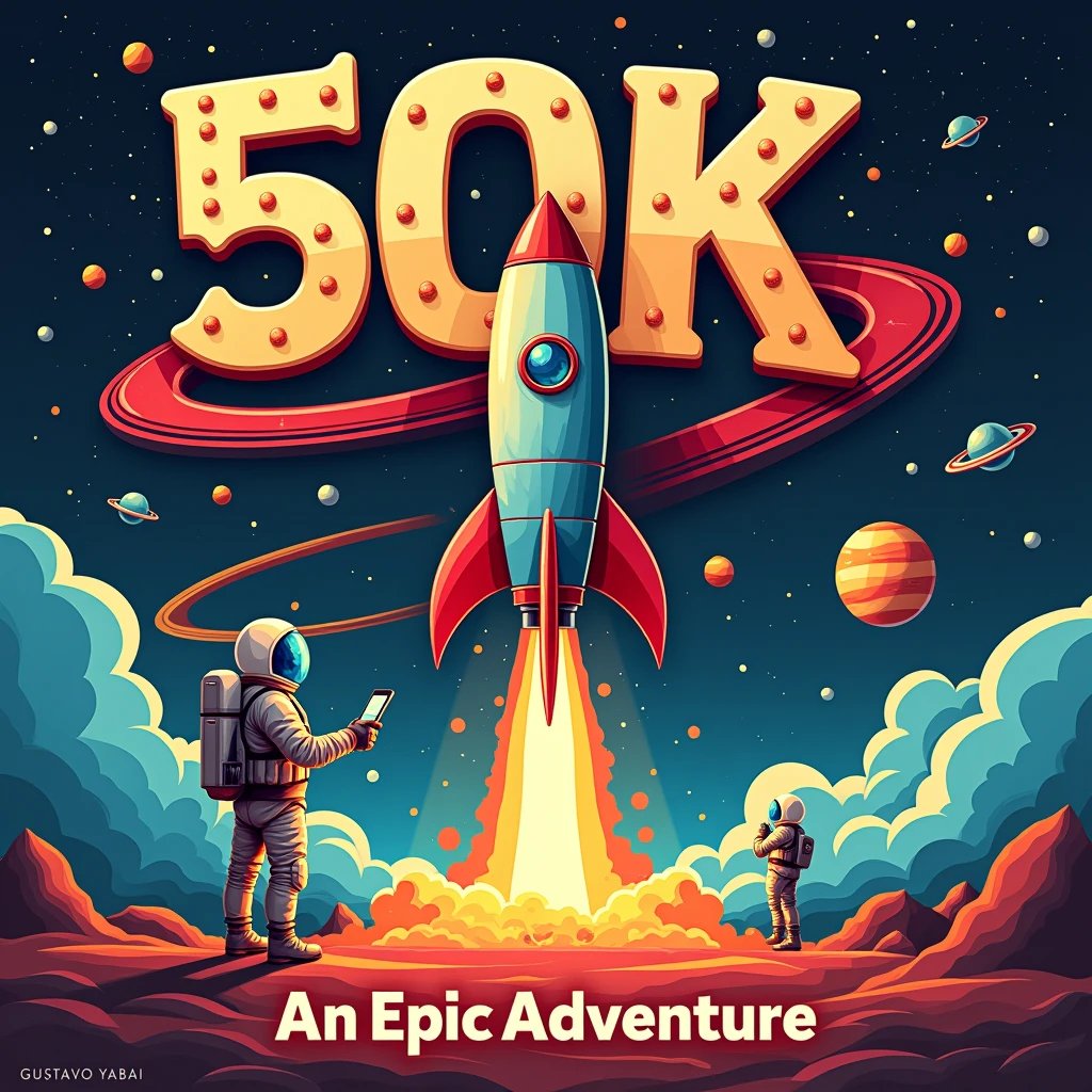 A design poster, (graffiti art, metallic letters, poster saying "50K"). Another medium text "OBRIGADO", "THANK YOU", "GRACIAS"). It features a classic rocket ship launching from an alien landscape with flying saucers, astronaut, and a ringed colorful planet in the background. The tittle is in bold, graffiti style typography with a catchy tagline, "An Epic Adventure". ((small tittle "GUSTAVO YABAI"))