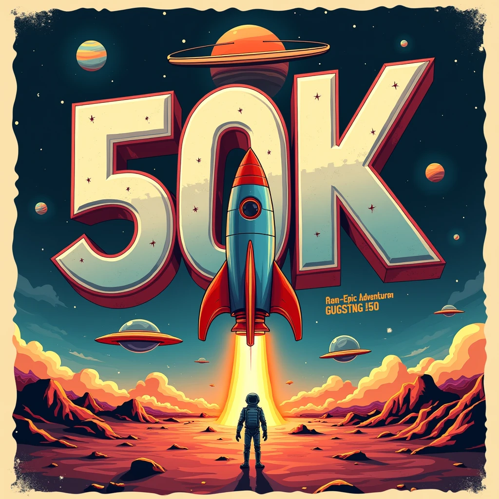 A design poster, (graffiti art, metallic letters, poster saying "50K"). Another medium text "OBRIGADO", "THANK YOU", "GRACIAS"). It features a classic rocket ship launching from an alien landscape with flying saucers, astronaut, and a ringed colorful planet in the background. The tittle is in bold, graffiti style typography with a catchy tagline, "An Epic Adventure". ((small tittle "GUSTAVO YABAI"))