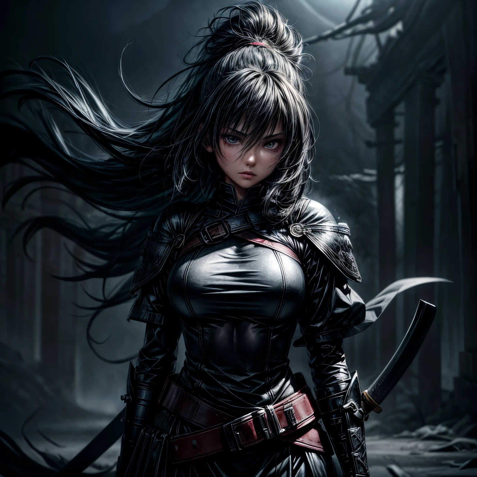 (RAW photo, 4k, realistic, exquisitely detailed skin), masterpiece, best quality, official art, unity 8k wallpaper, ultra detailed,(dark scene,low key,soft lighting), cinematic look,high saturation,best anatomy,volumetric fog,
a samurai girl, slim body, cowboy shot,
1girl,weapon,sword,long hair,black hair,holding,solo,holding weapon,blood,holding sword,arm guards,simple background,blood on weapon,looking at viewer,black eyes,tabi,floating hair,