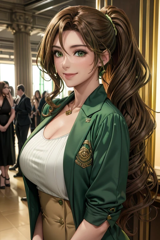 woman((30 years old)), hair((Wavy, golden brown)), eye((smart eye, green)), Clothes((New York Fashion Week, light green)), smile, Show your chest, ponytail, accessories,