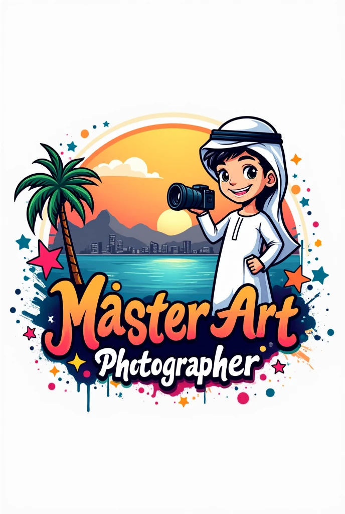 Vector art illustration of an abstract graffiti style logo for "Master Art Photographer". The logo is a cartoon image of a smiling Qatari boy in traditional dress standing on the right taking a picture, holding a telephoto camera in his hand, with mountains, a palm tree and the capital Doha in the background. The background is a vibrant white color. The graffiti style includes elements such as stars, a camera and swirls. The logo also has the text "Master Art Photographer" in the middle of the image.