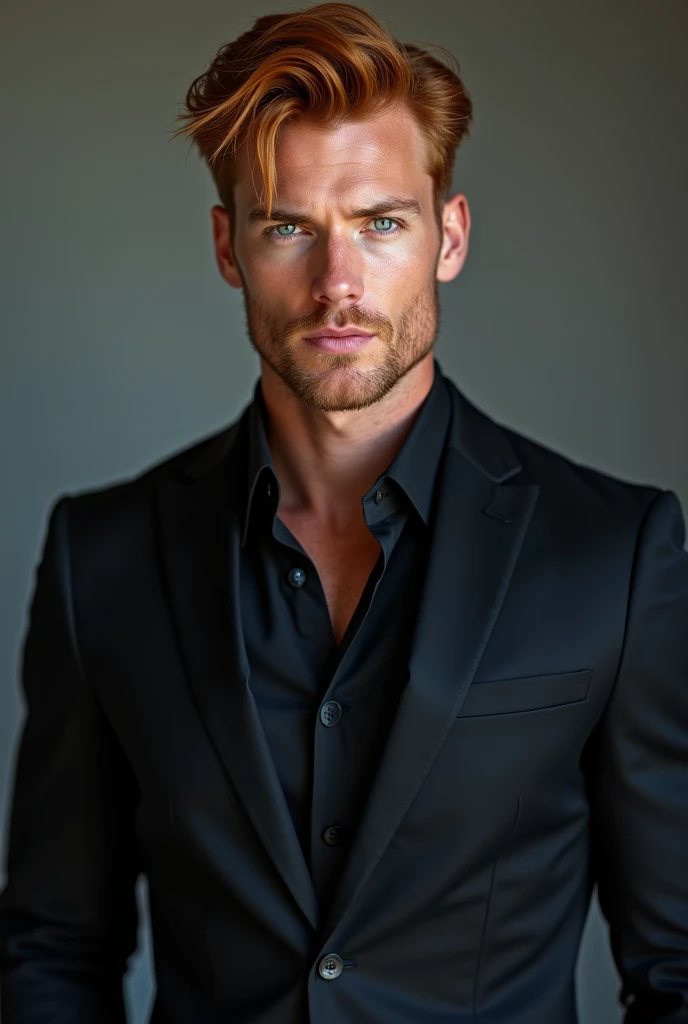 a blue-eyed athletic man dressed in a matching black suit REDHEAD