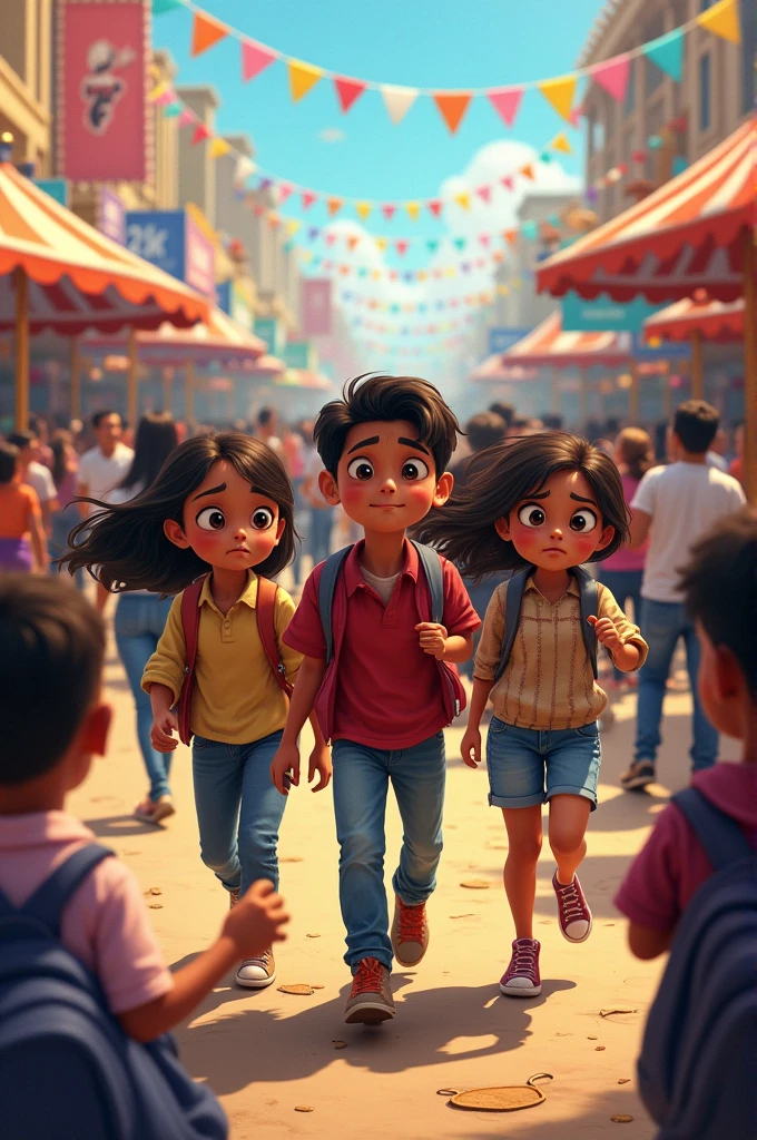 Suddenly, Chandi got lost in the crowd; the friends were very worried and immediately began searching for her.
A crowded fairground where the three friends look worried, searching everywhere for their lost hen. The background shows busy people and colorful decorations.
