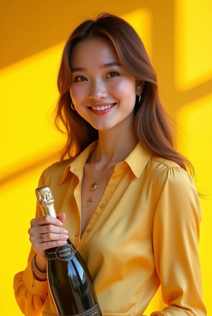 une belle fille qui se vertu d'un chemisier de marque happy birthday Feguens pierre et qui apporte une champagne de fond jaune