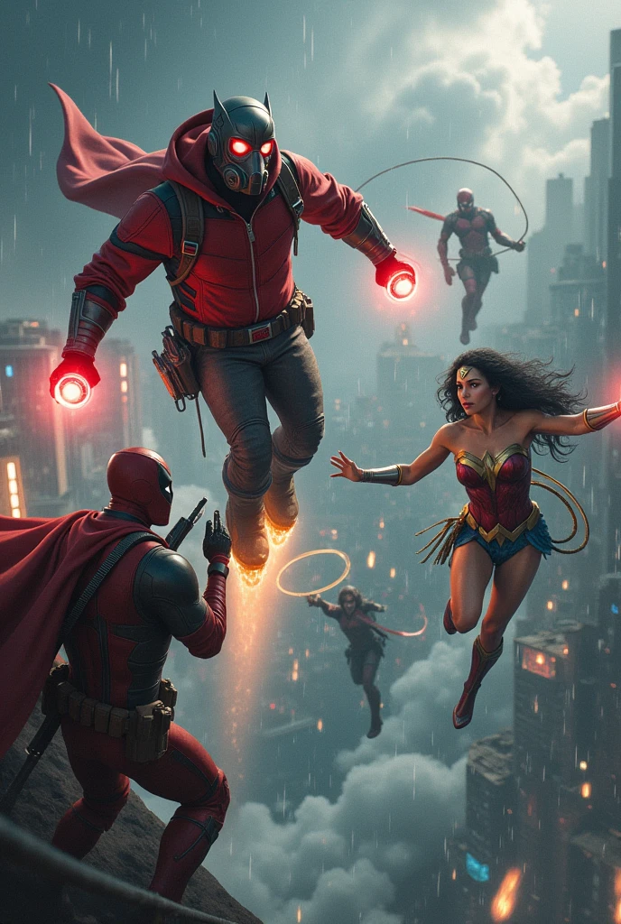 Young Star-lord with red hoodie, headphones, star-lord helmet, gas helmet, covered mouth, round red eyes, Red eyes, magic rings in the hands and rocket boots & Wonder Woman, vs. Deadpool, Fighting, power, fiction, full body, magic lasso, hight, fall, fire in boots, poweful spells, realistic, helmet, mask, red cape, confrontation, punch, gun, flying in the sky, view of the city from above, rain, fighting over the spell book, Black gloves, ocean floor, face cover, free hair, front cover