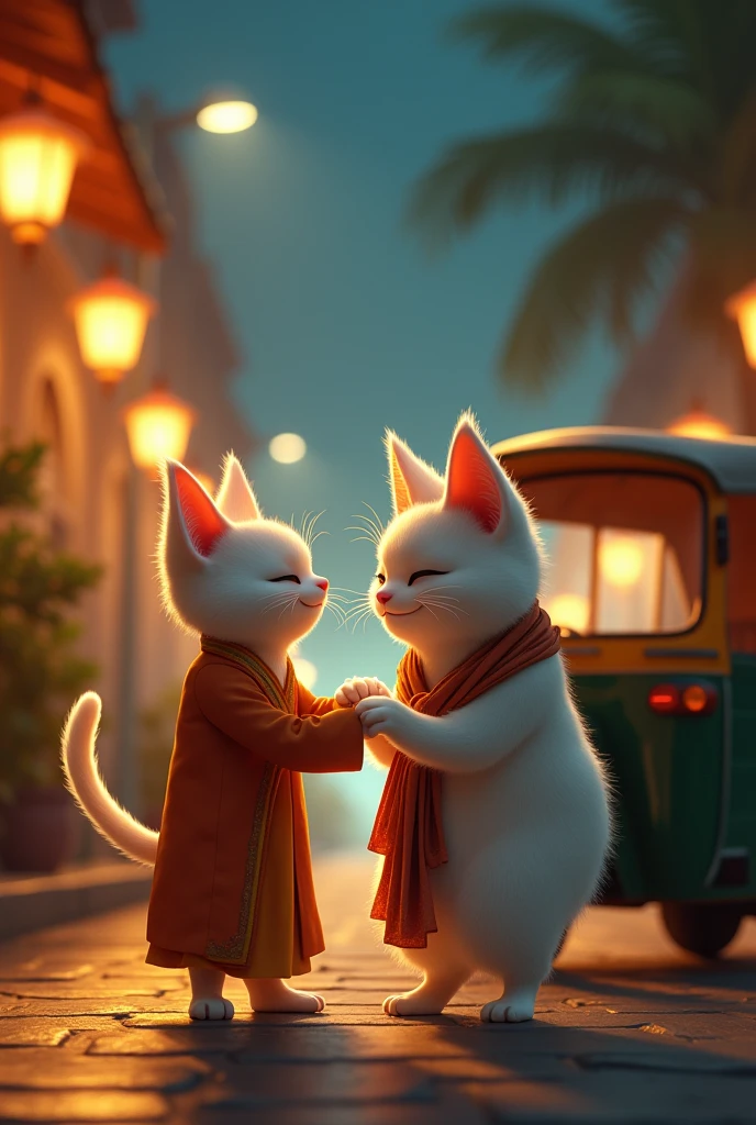 The anthropomorphic female cat, with sleek white fur and a serene smile, nods her head softly. Her eyes reflect a sense of relief and joy as she begins to walk slowly towards the auto-rickshaw. Her traditional outfit flows gracefully with each step, and the expression on her face is one of calm happiness. The male cat, Raghav, watches her with a gentle, affectionate smile, standing beside his auto, ready to open the door for her. The streetlights cast a warm, inviting glow over the scene, and the quietness of the night adds to the feeling of peace and comfort.