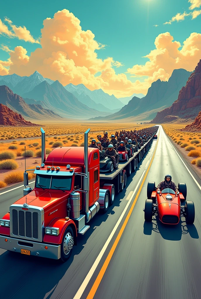 "Comic book cover titled 'Brothers Of The Wheel' featuring a diesel truck, bikers, and a race car side by side on a highway, waving to each other. The scene showcases the essence of brotherhood and camaraderie in vibrant colors. The convoy stretches through endless miles with rugged mountains and an open highway in the background. Art styles include surrealism and high realism, inspired by David Mann and classic comic book art. Long shot, wide angle lens, bright colors, highly detailed, cinematic render."