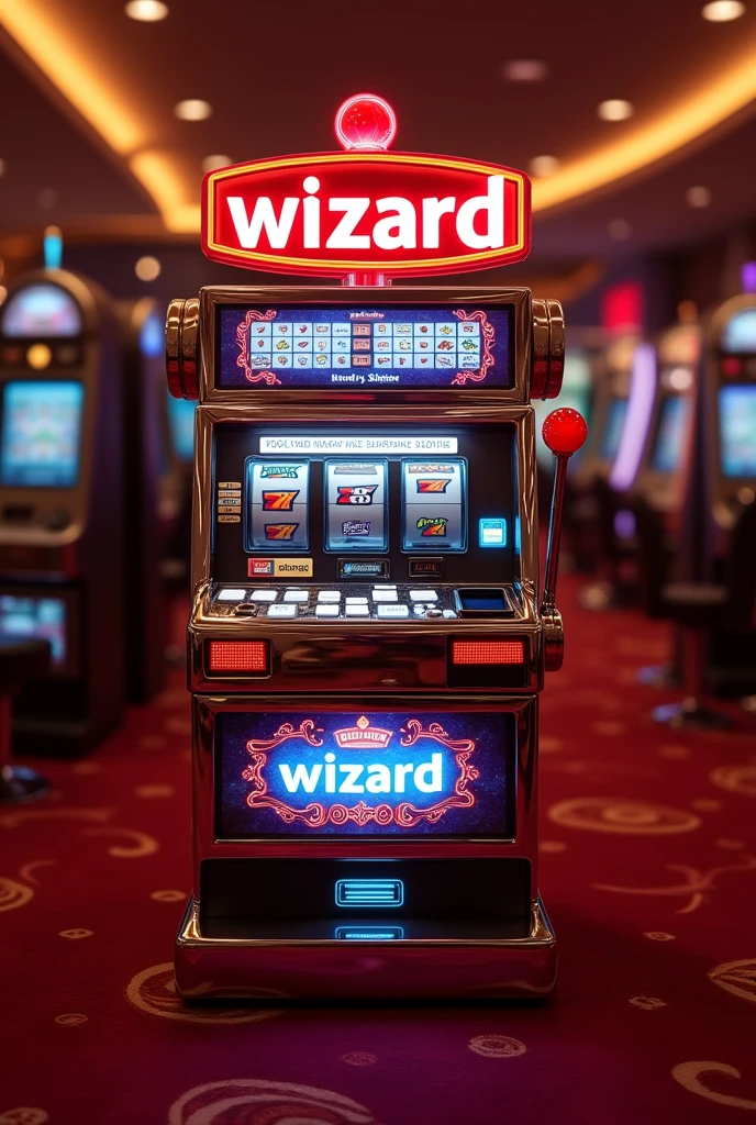 A slot machine, on top of it says "CASINO" in small red and larger says "Wizard" in white, a small slot in the front in large, integrated a casino background with red carpet and some touch with gold, a photorealistic and cinematic scene