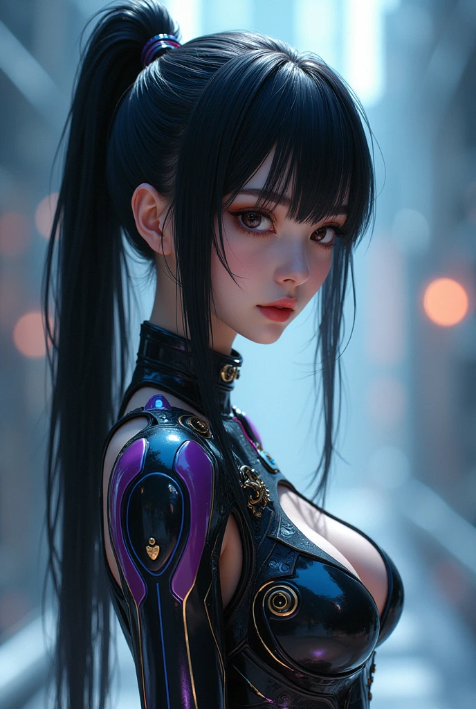 Portrait of Eve from Stellar Blade, with a ponytail, long hair. She has straight bangs that frame her face, with shiny black hair that reflects the light in a subtle way. Her deep, captivating black eyes contrast with her soft, luminous skin. She wears futuristic clothing, full body intricate details and vibrant colors that highlight her slender figure. The scene is set in a futuristic technological environment, high heel slippers, brown eyes, seen from afar, body complete