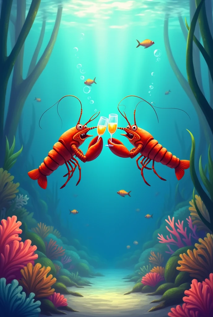 A male lobster and a female lobster swimming while having an aperitif, animated version
