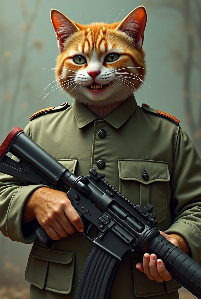 Saddam Hussein win an Existential crisis cat holding RPG and smiling.