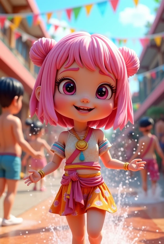 3D Cartoon of a Pink Haired Girl Playing Songkran