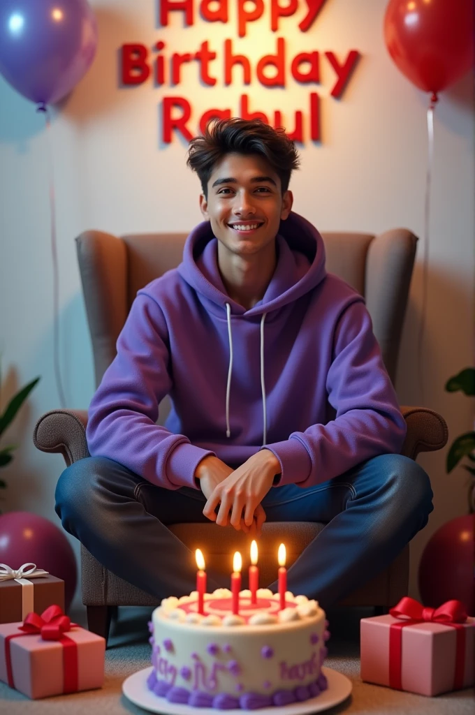 Create a realistic a profile picture where a 20 year old Boy is cutting his birthday cake facing forward in smiling face, purple hoodie, Sitting casually on a Wingback Chair There are giftsIying on the ground along both sides of the chair. and the cake is lying in front of table, my username "SADAIN " written on the cake with Red Color, in my background HAPPY BIRTHDAY RAHUL written with Red Colors, with balloons in different colors attached on the white wall,