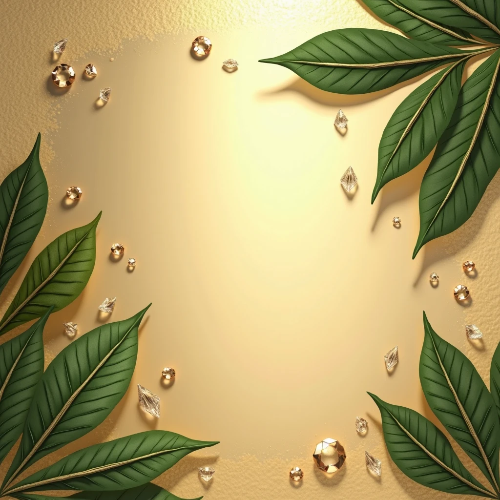 "Design a sophisticated background with a subtle, textured golden surface that reflects luxury. Place natural green leaves in the upper left corner and again in the bottom right corner, combined with sparkling crystals. The lighting should be gentle, bringing out the realism and rich details in the leaves and crystals, providing an exquisite setting for jewelry ."