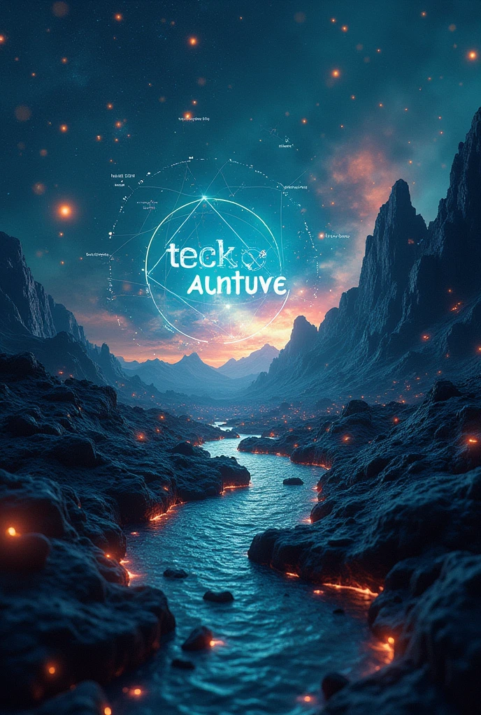 Make an image that has a background to do with mathematics and physics and that has the name of "TECAVENTURES"