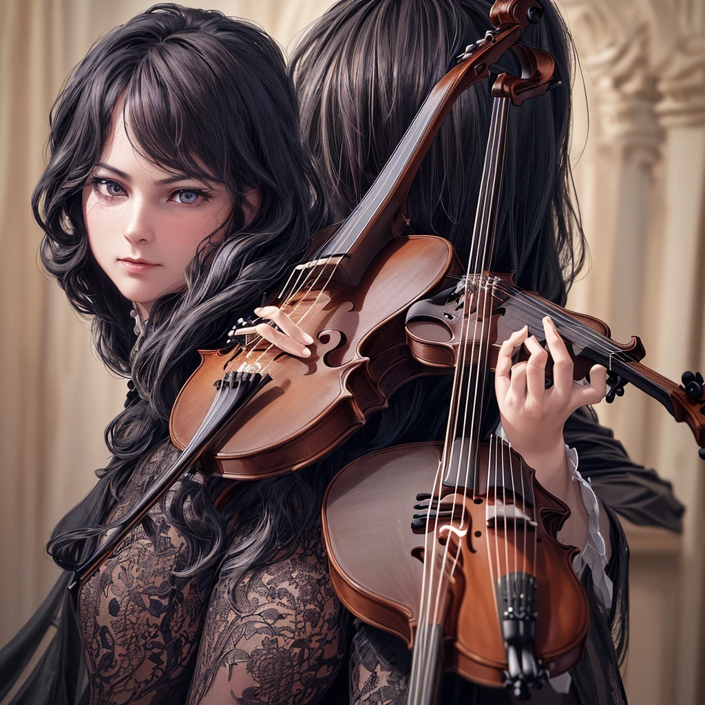 (Best quality,4K,8 K,a high resolution,masterpiece:1.2),ultra detailed,(realistic,Фотоrealistic,фотоrealistic:1.37),a dark room,Alawi character, violin player,Fantastic violin,Calafra couplet,The Musical Art of Black Metal,gloomy, but complex digital art,Curling 80&#39;s Style by Thomas Allen,(Ghost Violin),Tomas Alain Kopera and CGsociety,A Dramatic Work of Art,Streven gel,Created by Slawomir Maniak,It displays a strange and disturbing atmosphere..,dark style,Dark Souls,Expressive music,Bright sun, Sexy beautiful woman，Charming and dark atmosphere,Dark and mysterious,a nightmare,cruel beauty,haunting melody,Symphony of Darkness,Shadow corners and bright light,hypnotic performance，Tears of grief,ominous atmosphere,Elegant and memorable,Blacken the notes,Bright light in the darkness,Light room，Has a cunning charm,Focus on Arauen&#39;s amazing eyes., Evoke emotion with gentle bow strokes.，Female portrait