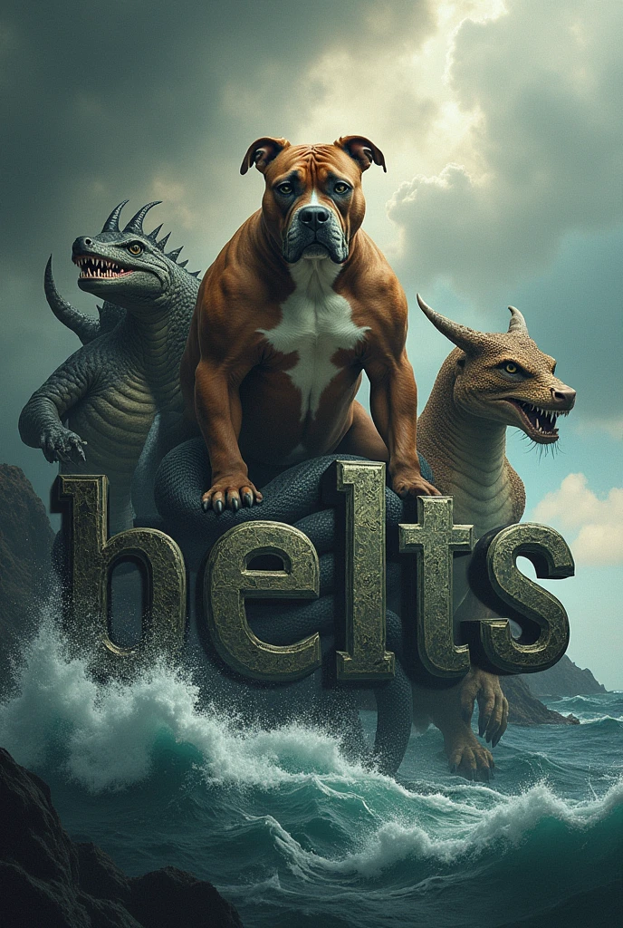 a photo of a written group "belts".
with a Pitbull, A snake, a dragon and a shark