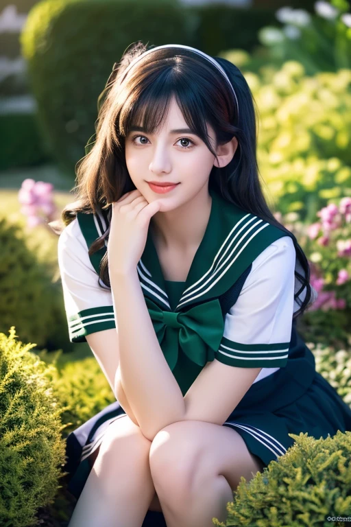 (Highly Detailed CG Unity 8K Wallpaper, masterpiece, Highest quality), (Exquisite lighting and shadows, A very dramatic picture, cinematic lens effects), (Sailor Moon: 1.4), Delicate facial features, Cute Smile, Star Eyes, ((Dark green hair)), Tight Top, White gloves, mini skirt, Dynamic pose, lying in the garden), (Blooming garden background) (Amazing details, Excellent lighting, Wide-angle), (Excellent rendering, I'm so proud of my species),