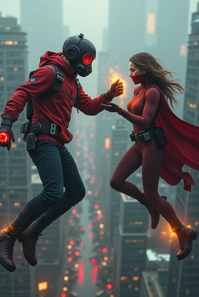 Beautiful Nun, realistic, big breasts, full body & Youg boy with red hoodie, headphones, Star-lord helmet, rocket boots, gas helmet, covered mouth, round red, eyes, front cover, ??? Star-lord with red hoodie, star-lord helmet, gas helmet, covered mouth, round red eyes, Red eyes, magic rings in the hands and rocket boots, Fighting, power, fiction, 2 persons, magic lasso, hight, fall, DJ, view of the city from above, flying in the sky, capa roja, fire under shoes, Space, Smoke, World.