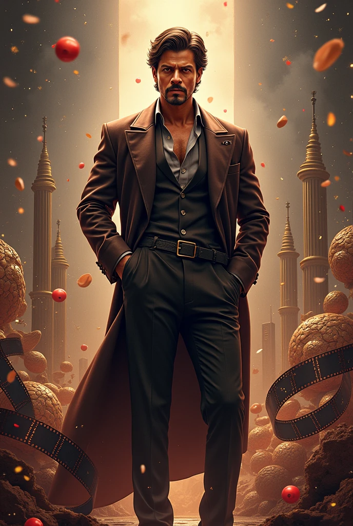 Create an image of Bollywood actor Shah Rukh Khan, showcasing his iconic style and charisma. Depict him in a dynamic pose, surrounded by elements representing his wealth sources: film reels for his movie career, a logo of Red Chillies Entertainment, a cricket bat and ball for Kolkata Knight Riders, and luxury buildings symbolizing his real estate investments. The background should reflect his global fame, with subtle hints of his massive social media following, capturing the essence of his success and influence.