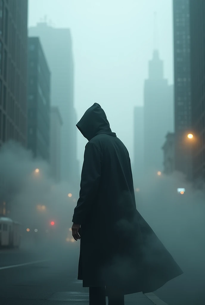 A man from behind hooded in the fog in the city