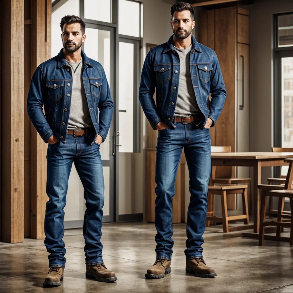 A man, in jeans, work boots, a jacket, realistically, standing upright