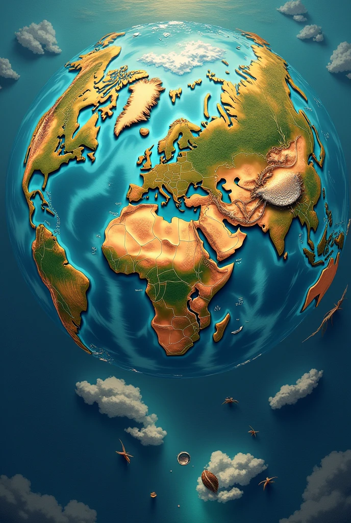 Create a globe map of a world with 50% of land and 50% water, being that there are only three continents in them and two oceans, the Caribou and the Abyssinth Ocean.