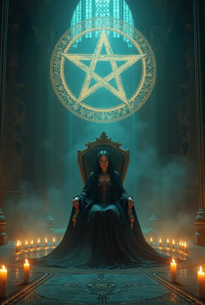 A young witch in a dark hall, sitting on a throne in the middle of a huge pentagram with candles around it