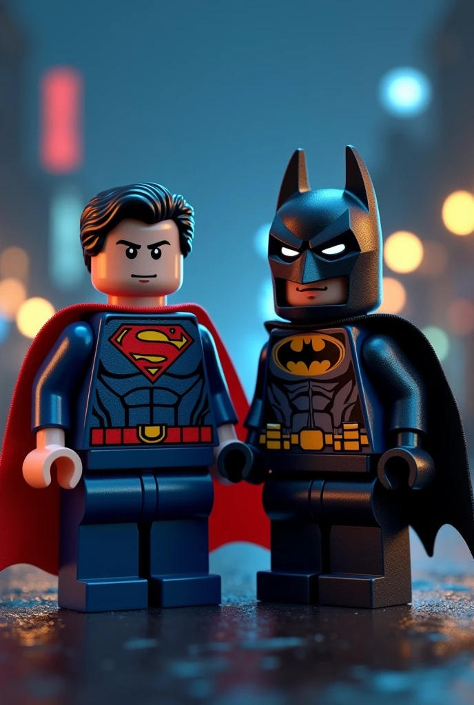 Superman and Batman in Lego art, at night.