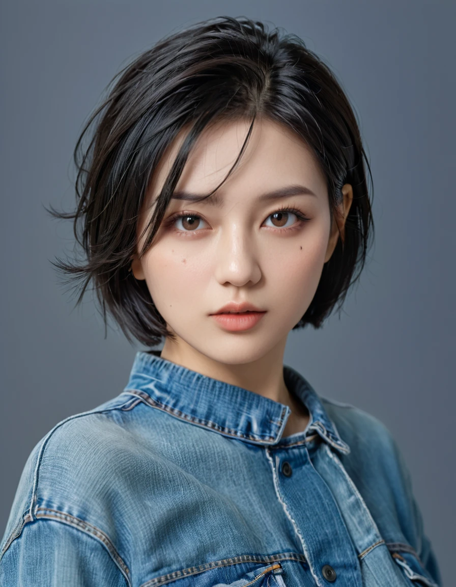 An attractive woman with short straight black hair, bob, youthful, curvy, denim, hyper realistic absurd, raw photo, UltraHD 8K, high quality, film grain, (highly detailed skin:1.2)