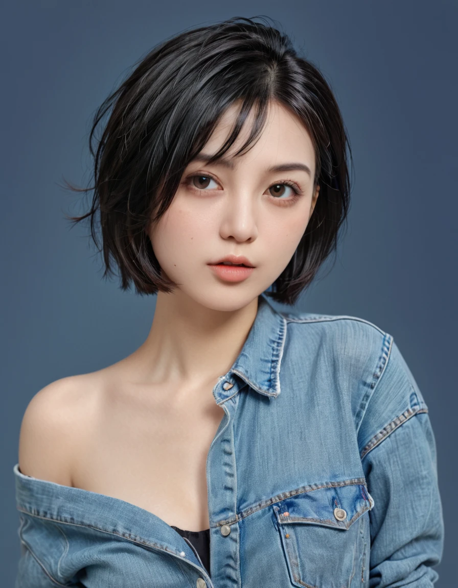 An attractive woman with short straight black hair, bob, youthful, curvy, denim, hyper realistic absurd, raw photo, UltraHD 8K, high quality, film grain, (highly detailed skin:1.2)