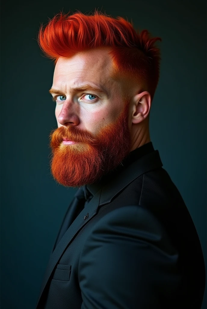 a blue-eyed athletic man dressed in a matching black suit REDHEAD BACK AND RED BEARD FACE IN PROFILE AND BACK IN BLACK SUIT 