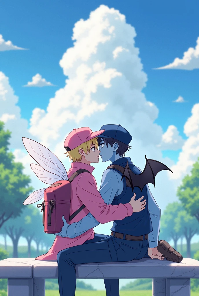 Two men they are sitting on a marble bench and are kissing the boy on the left has blond hair fair skin is wearing a pink cap a pink jacket a pink backpack with fairy wings on it blue pants and black shoes the boy on the right has blue skin has black hair is wearing a dark blue cap a white dress shirt with dark blue vest black pants dark blue shoes and is wearing a dark blue backpack with bat wings they are sitting and kissing the place they are is a park in the clouds the image has to be in anime