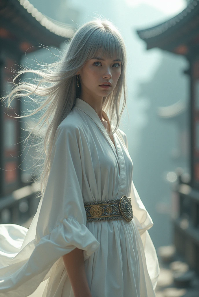 Young white female, 20 years old, British, Defined face with blue eyes, Straight silver hair blowing in the wind, Curtain bangs, Wearing a traditional white Japanese dress, Silver steel toe boots that go over the knee