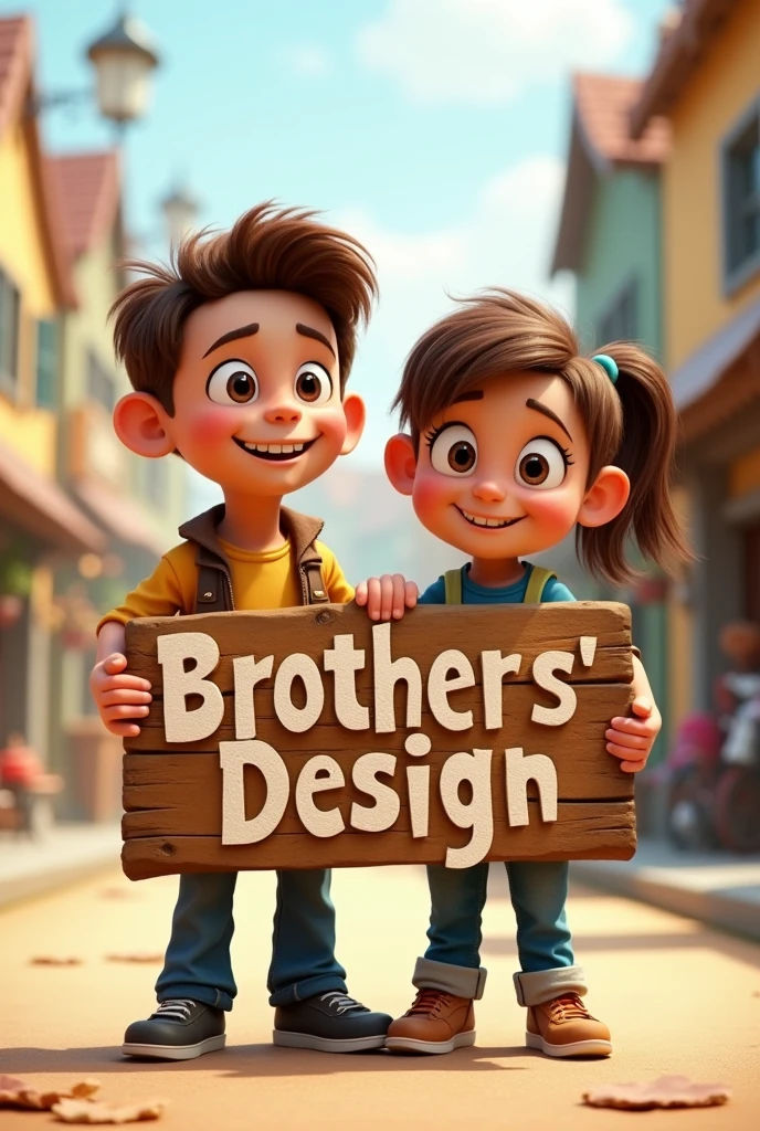 Two animated characters holding a wooden sign saying Brothers&#39;s Design