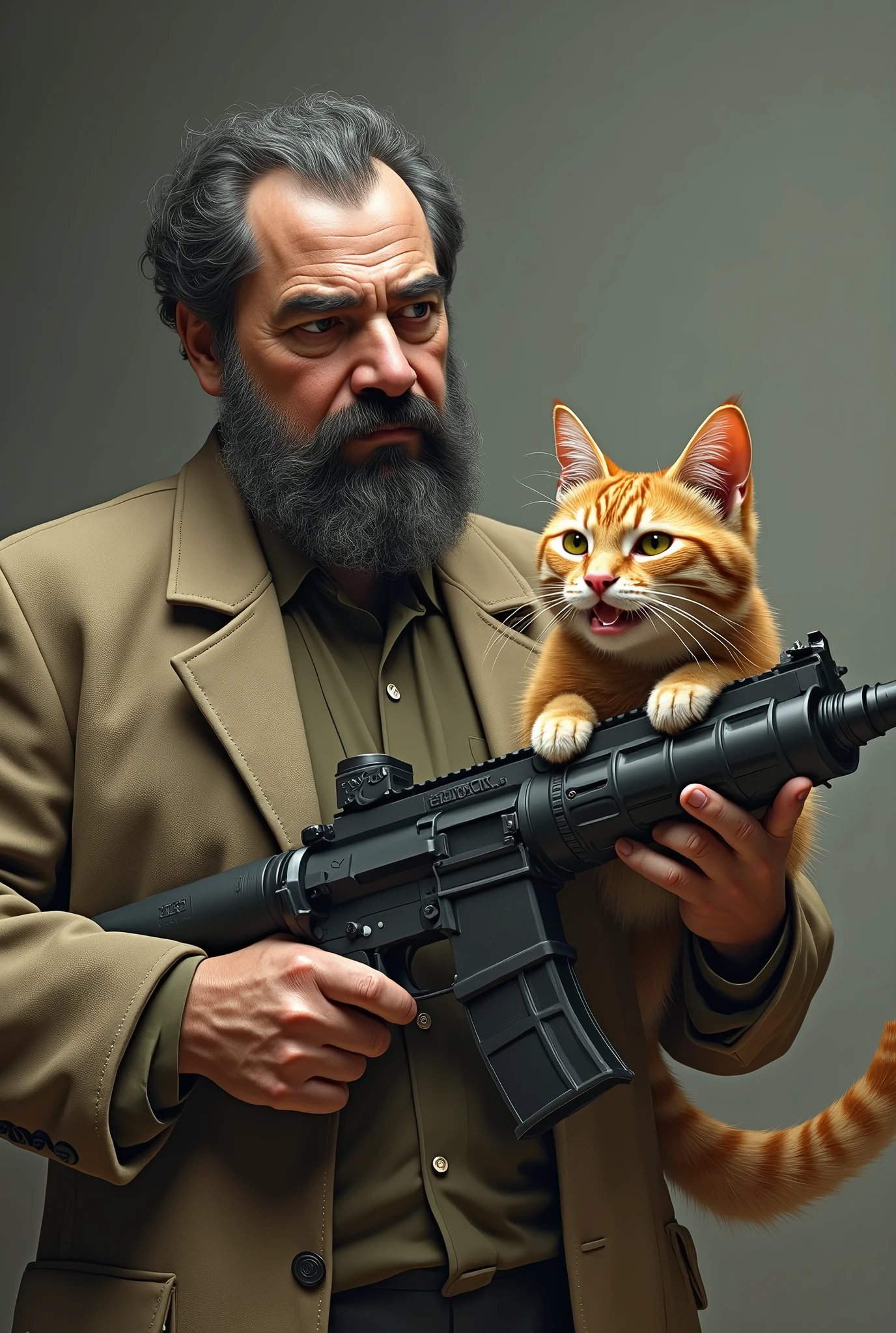 Saddam Hussein  win an Existential crisis cat  holding RPG and smiling.