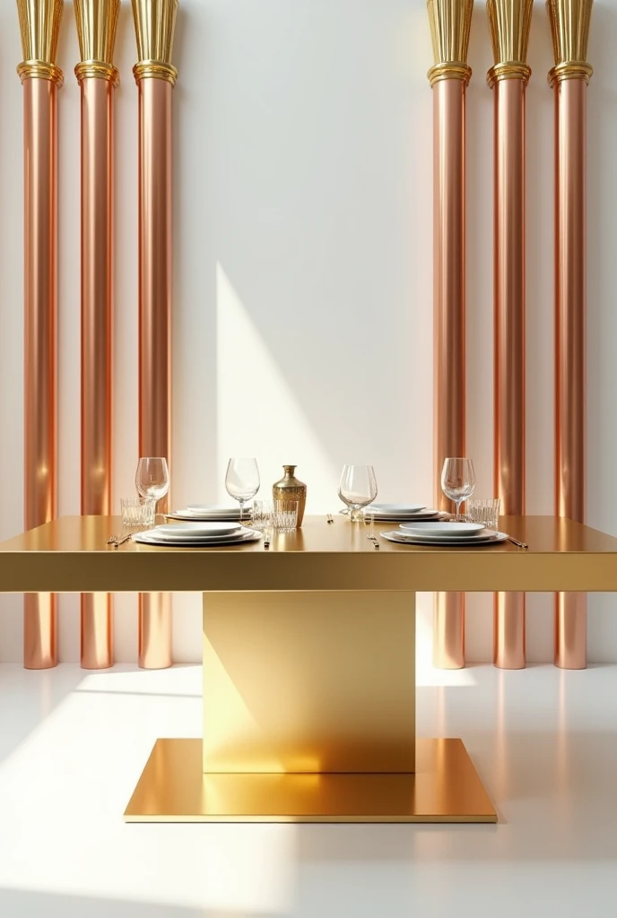 Close up of a golden table on a white background, shiny copper, Art Deco in the 1970s, copper pipes on the walls, copper, copper plated, 20K, copper and copper, Mid century, golden columns نقية, Made of polished bronze, golden columns, 1990s, 9 0 seconds, 1 6 K, 16 kg, '20